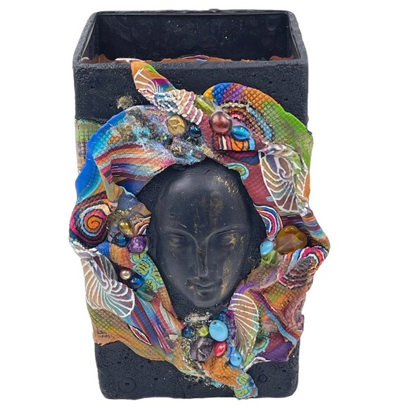 Collage Art Glass Vase Face Amid Multi-colors and Beads Stamped on Bottom - Picture 2 of 10